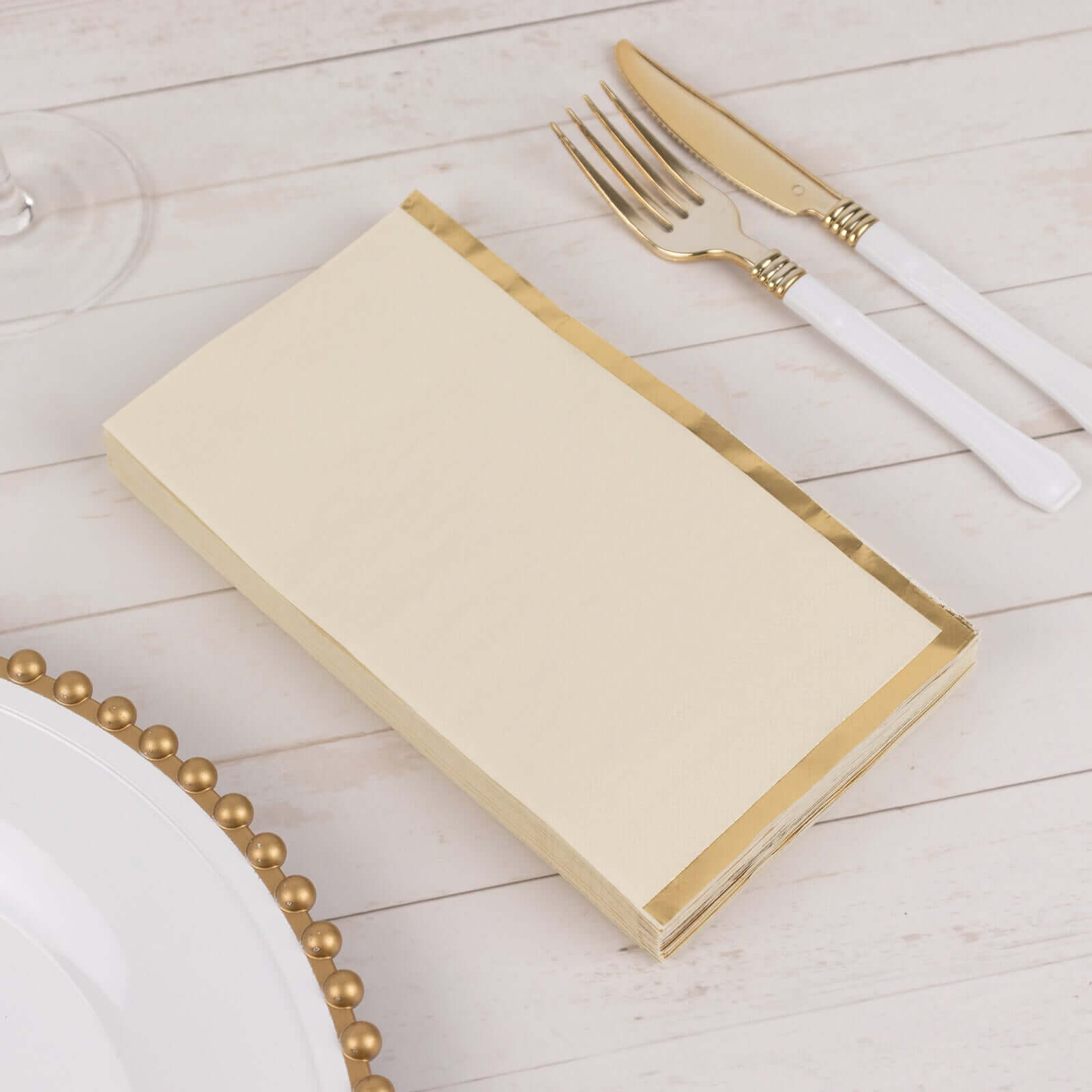 50 - Pack Paper Dinner Napkins Ivory with Gold Foil Edge 2 Ply - Stylish Disposable Napkins - Bell Racket Store