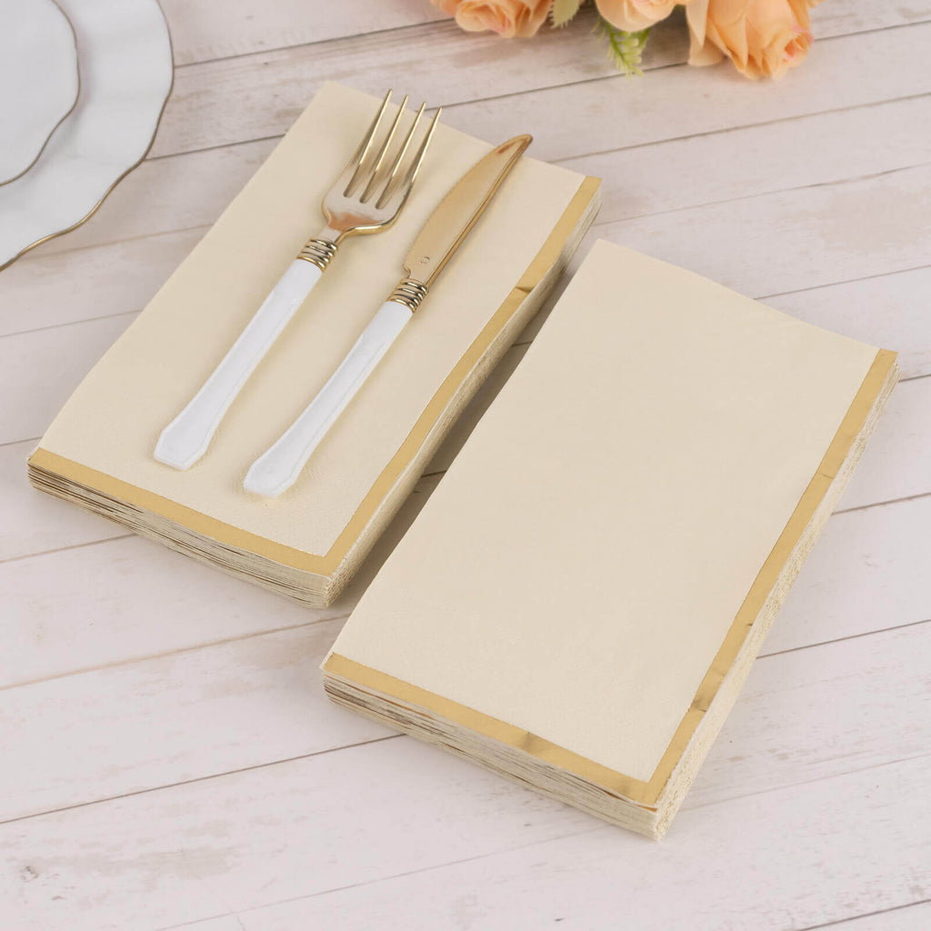 50 - Pack Paper Dinner Napkins Ivory with Gold Foil Edge 2 Ply - Stylish Disposable Napkins - Bell Racket Store