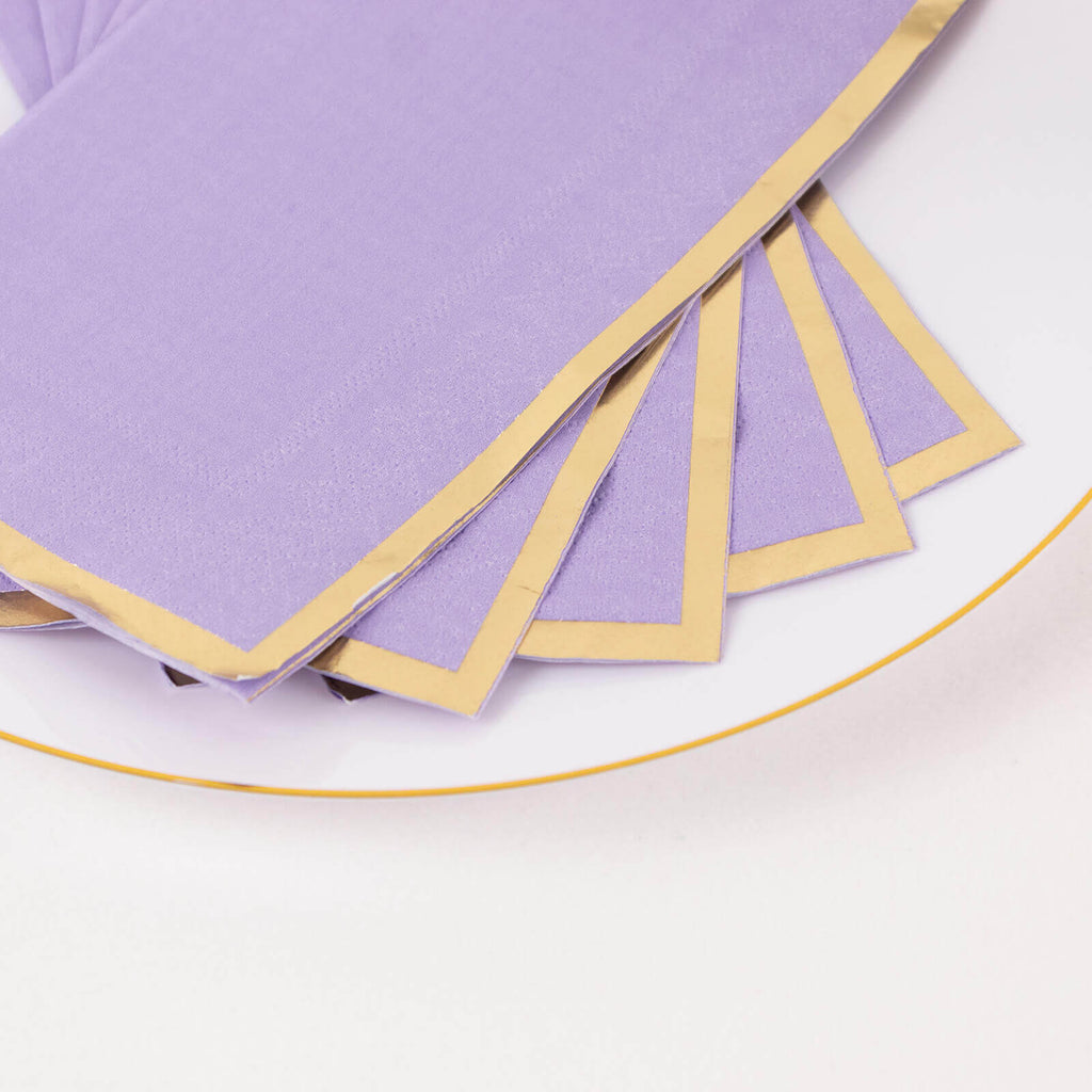 50 - Pack Paper Dinner Napkins Lavender with Gold Foil Edge 2 Ply - Stylish Disposable Napkins - Bell Racket Store
