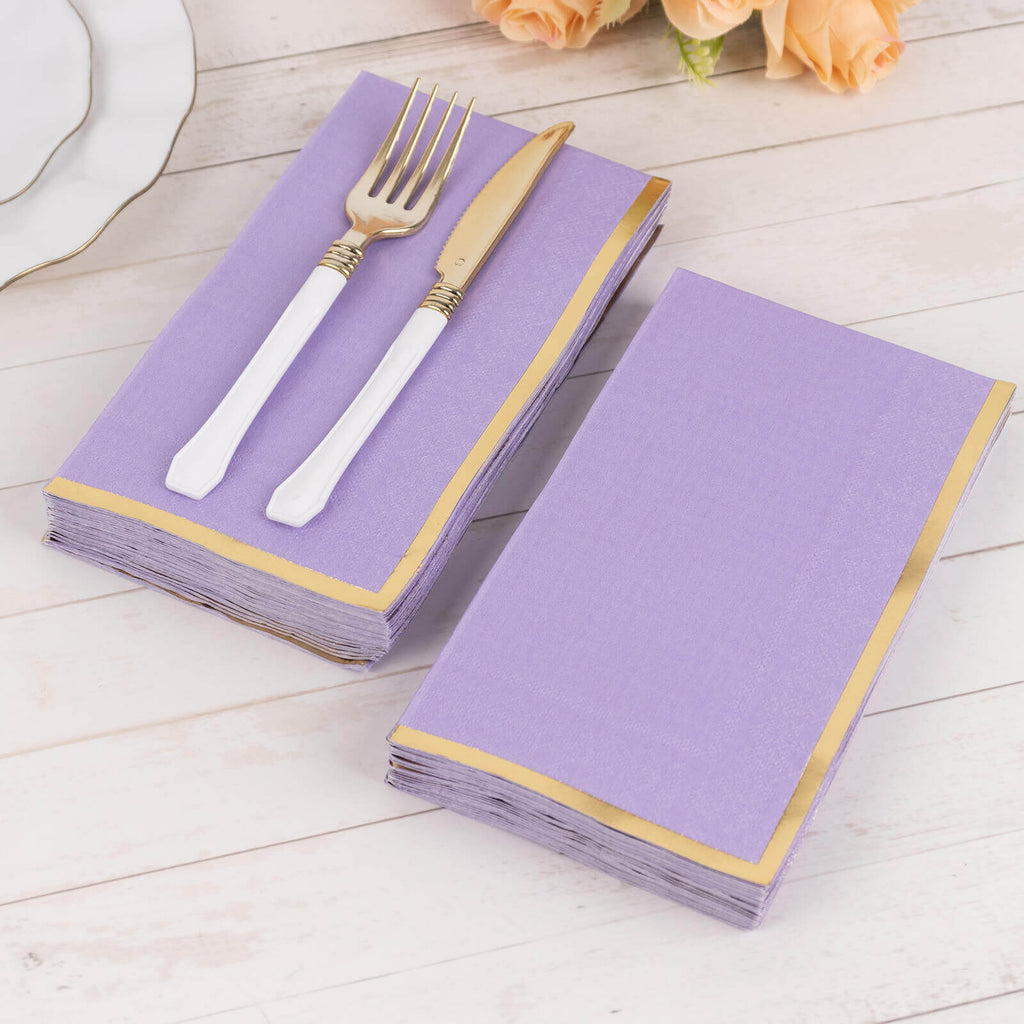 50 - Pack Paper Dinner Napkins Lavender with Gold Foil Edge 2 Ply - Stylish Disposable Napkins - Bell Racket Store
