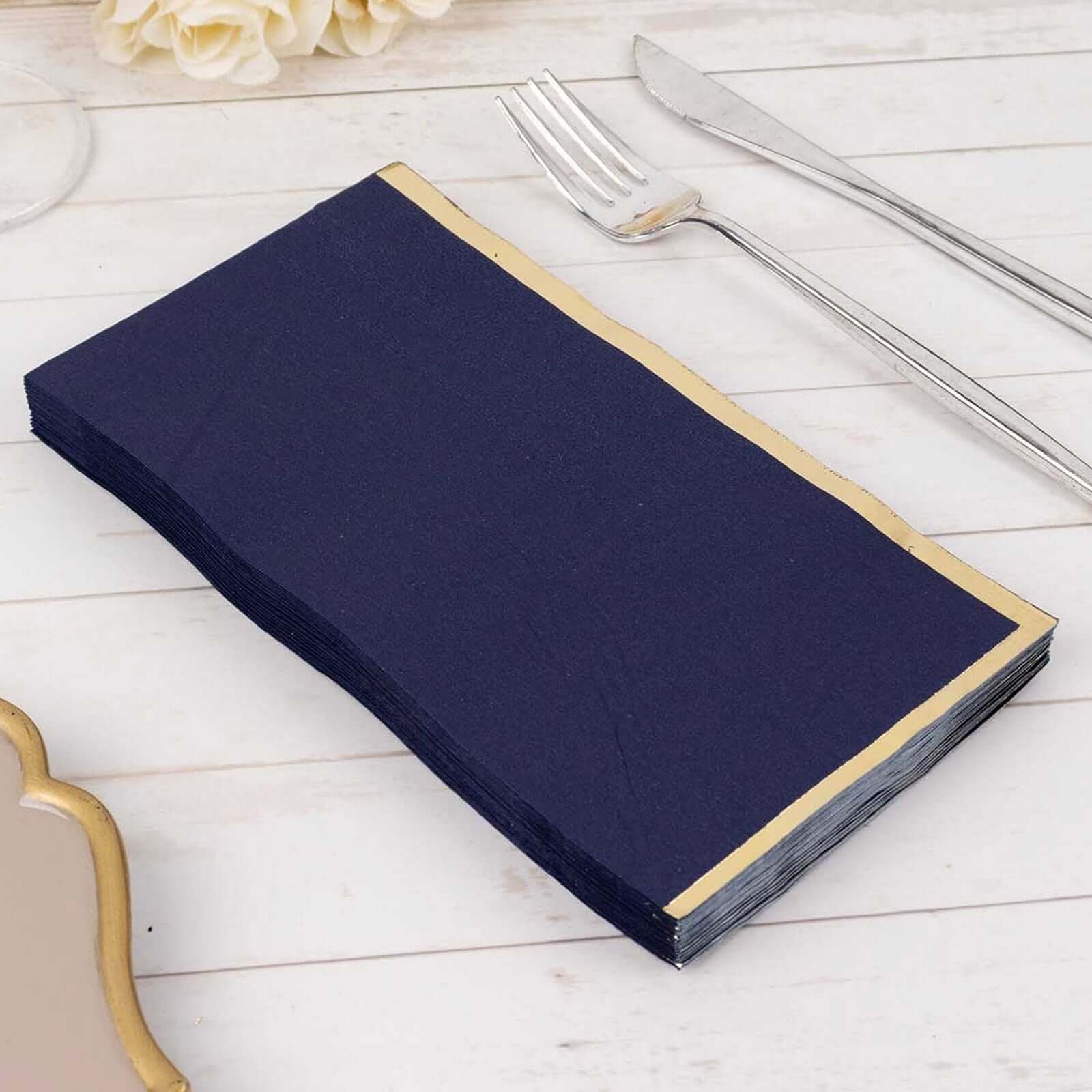 50 - Pack Paper Dinner Napkins Navy Blue with Gold Foil Edge 2 Ply - Stylish Disposable Napkins - Bell Racket Store