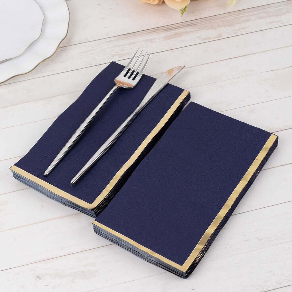 50 - Pack Paper Dinner Napkins Navy Blue with Gold Foil Edge 2 Ply - Stylish Disposable Napkins - Bell Racket Store