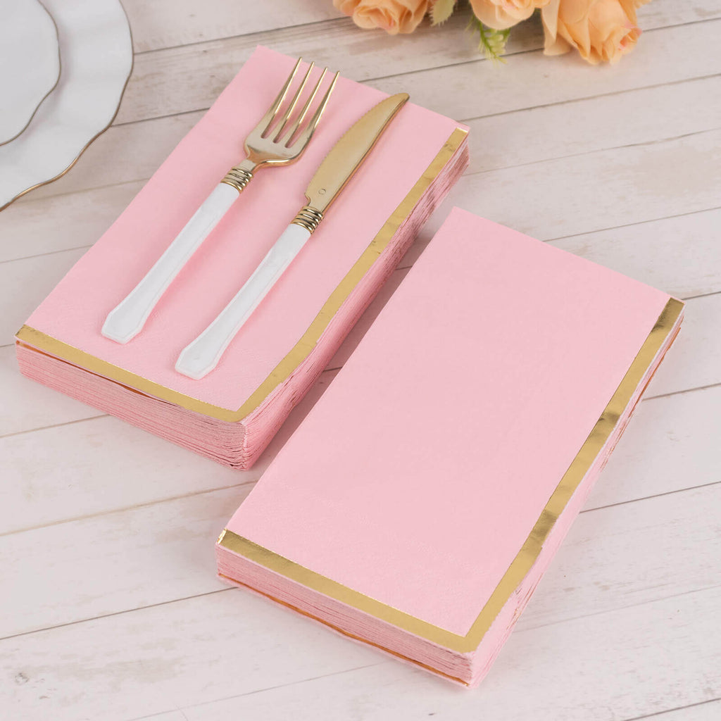 50 - Pack Paper Dinner Napkins Pink with Gold Foil Edge 2 Ply - Stylish Disposable Napkins - Bell Racket Store