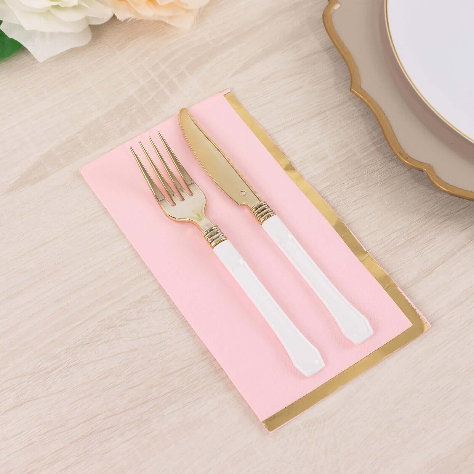 50 - Pack Paper Dinner Napkins Pink with Gold Foil Edge 2 Ply - Stylish Disposable Napkins - Bell Racket Store