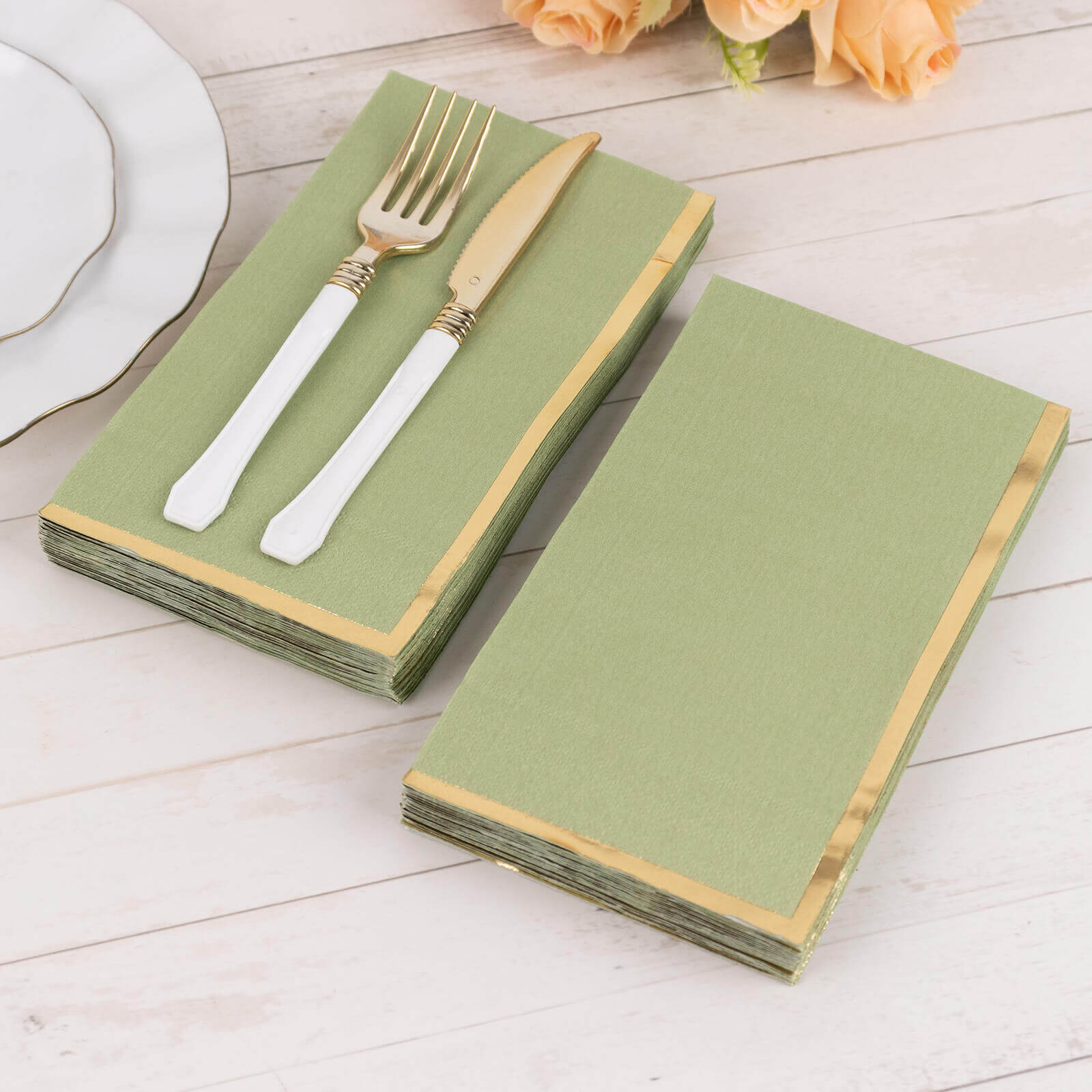 50 - Pack Paper Dinner Napkins Sage Green with Gold Foil Edge 2 Ply - Stylish Disposable Napkins - Bell Racket Store
