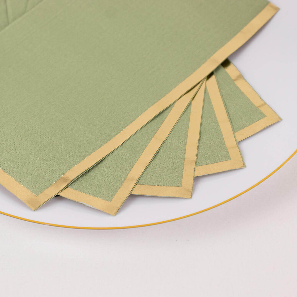 50 - Pack Paper Dinner Napkins Sage Green with Gold Foil Edge 2 Ply - Stylish Disposable Napkins - Bell Racket Store