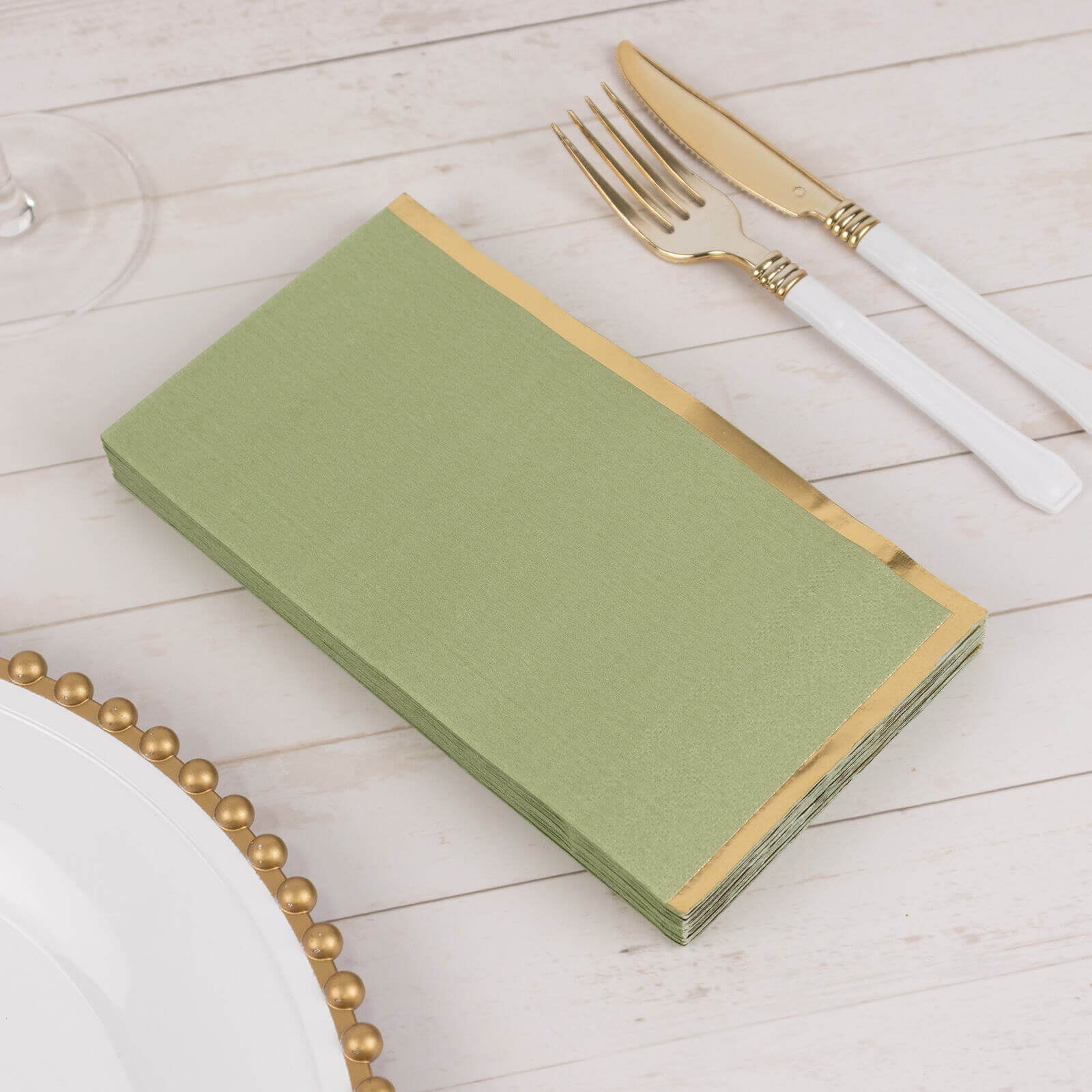 50 - Pack Paper Dinner Napkins Sage Green with Gold Foil Edge 2 Ply - Stylish Disposable Napkins - Bell Racket Store