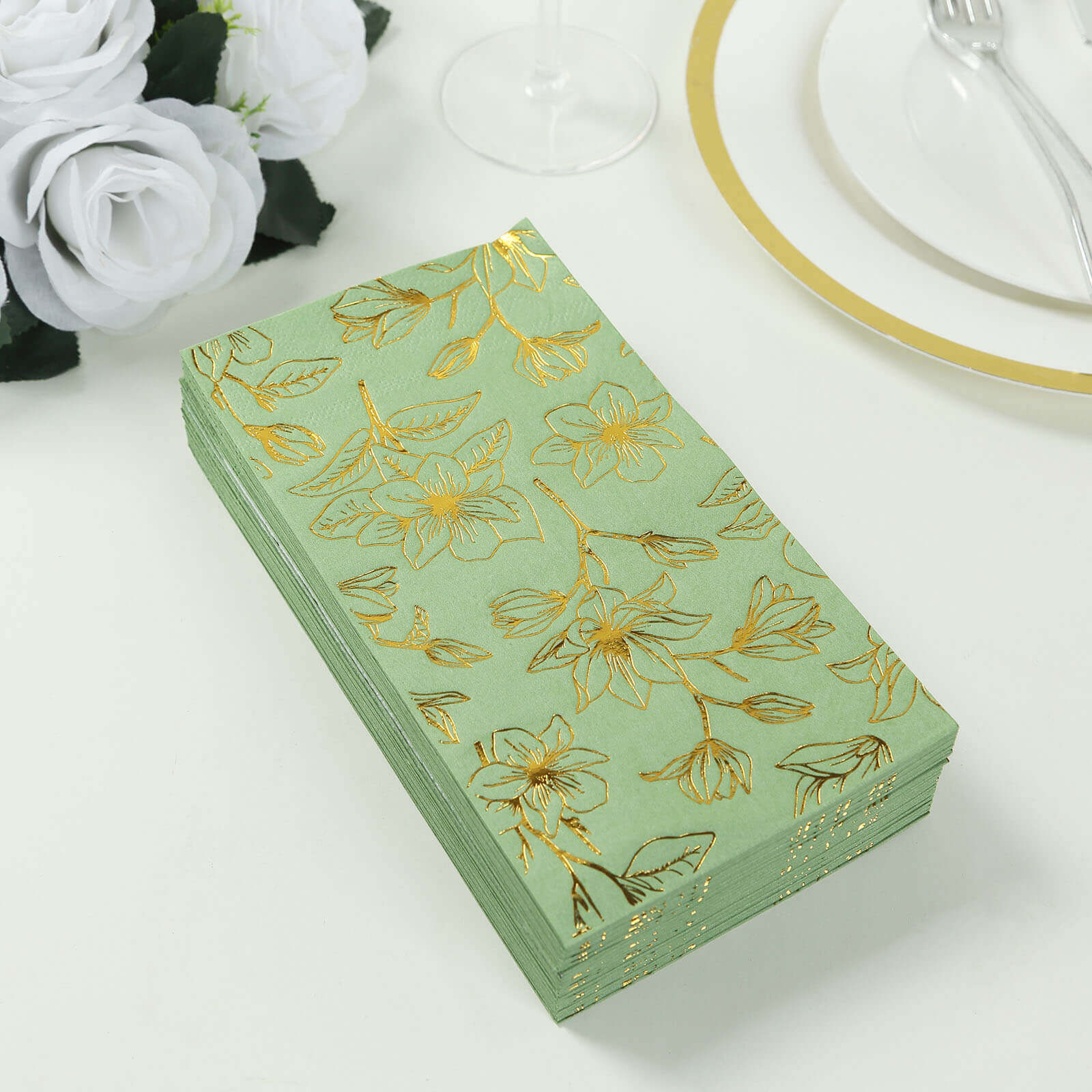 50 - Pack Paper Dinner Napkins Sage Green with Gold Magnolia Flowers Print 2 - Ply - Disposable Soft Napkins for Parties - Bell Racket Store