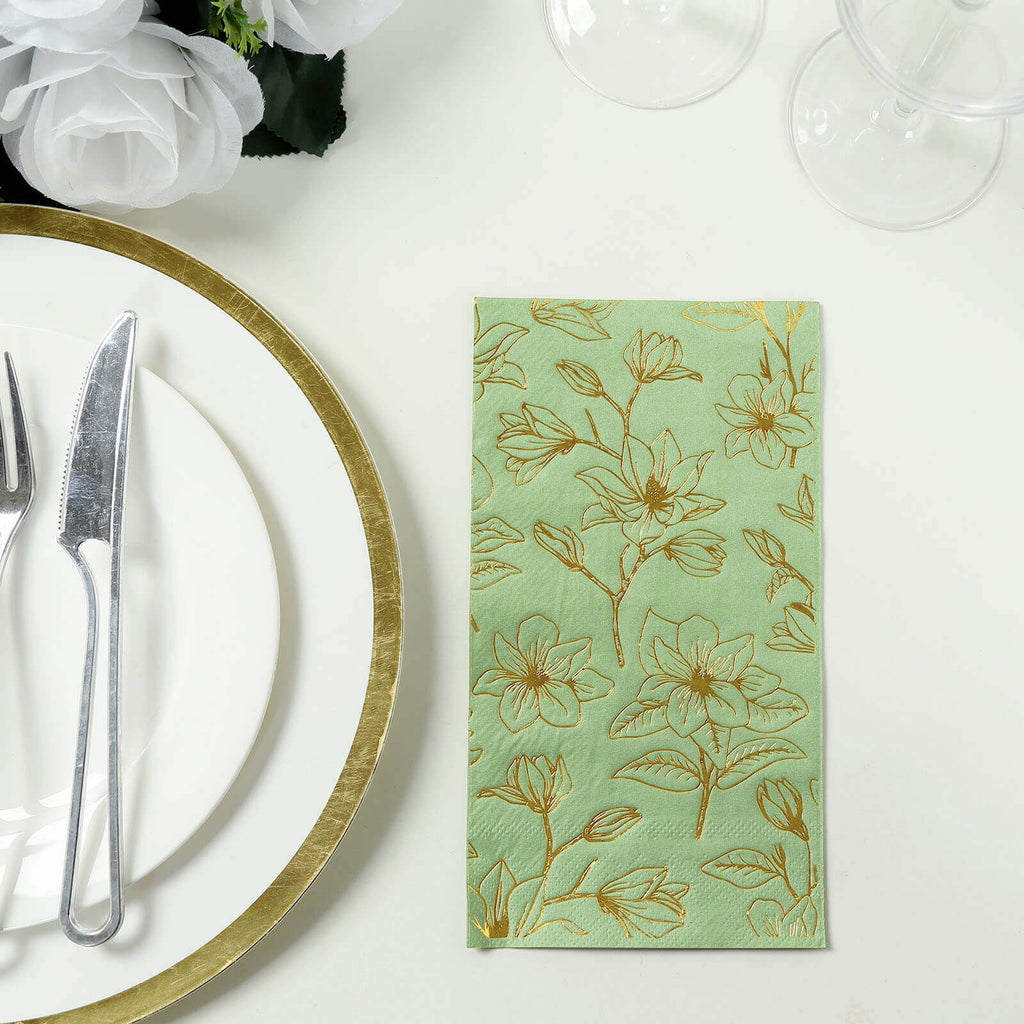 50 - Pack Paper Dinner Napkins Sage Green with Gold Magnolia Flowers Print 2 - Ply - Disposable Soft Napkins for Parties - Bell Racket Store