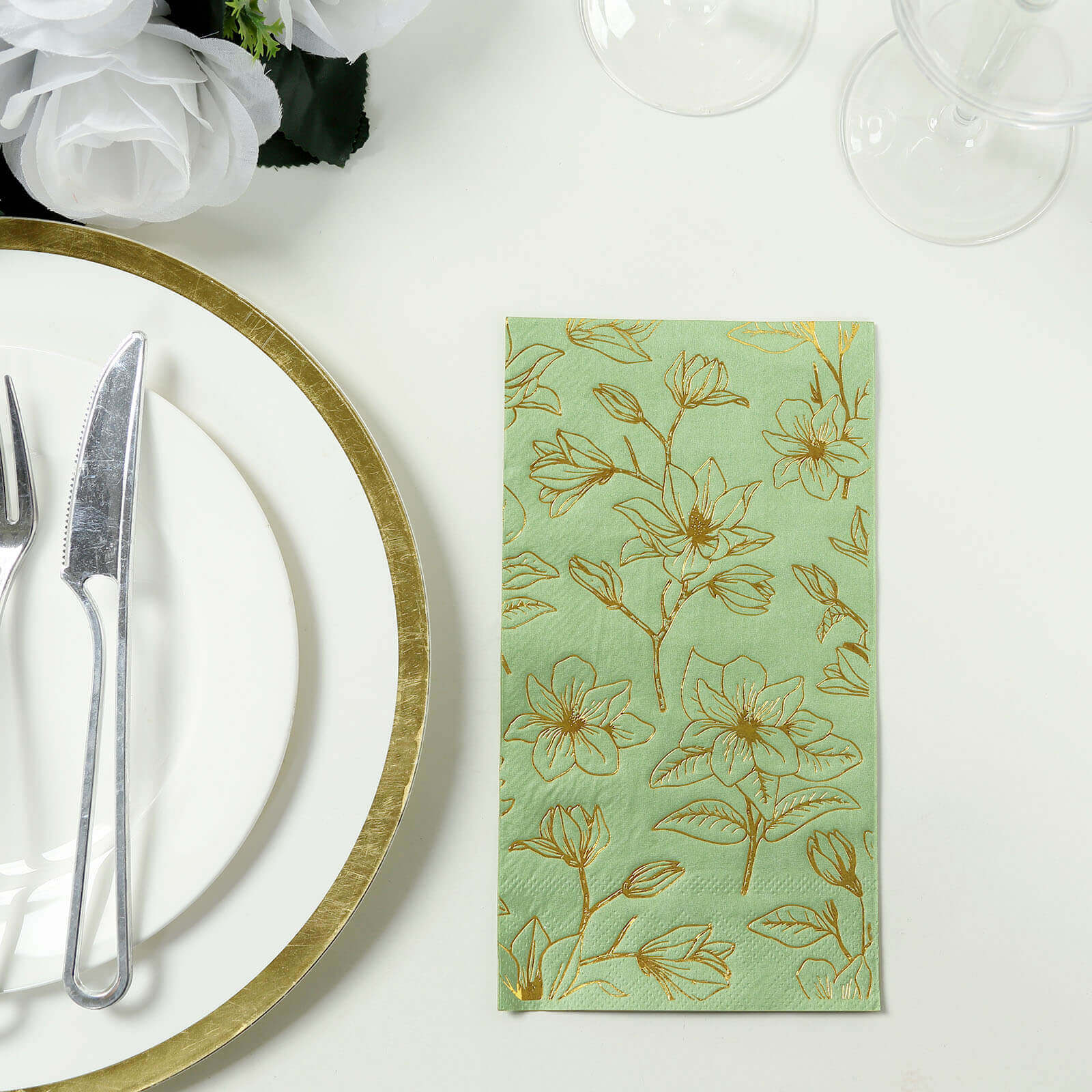 50 - Pack Paper Dinner Napkins Sage Green with Gold Magnolia Flowers Print 2 - Ply - Disposable Soft Napkins for Parties - Bell Racket Store