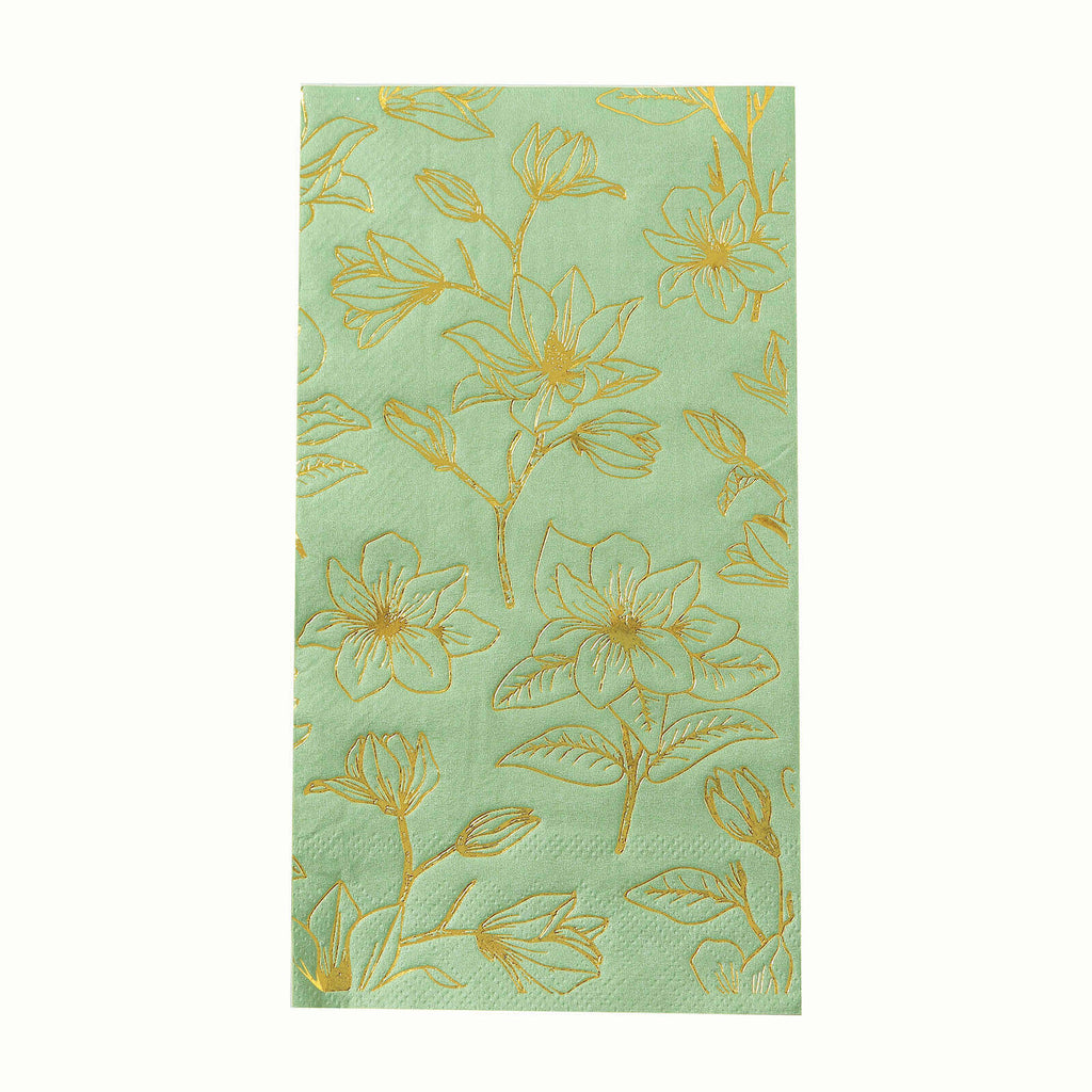 50 - Pack Paper Dinner Napkins Sage Green with Gold Magnolia Flowers Print 2 - Ply - Disposable Soft Napkins for Parties - Bell Racket Store