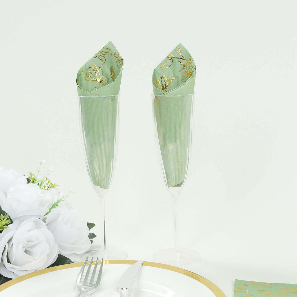 50 - Pack Paper Dinner Napkins Sage Green with Gold Magnolia Flowers Print 2 - Ply - Disposable Soft Napkins for Parties - Bell Racket Store