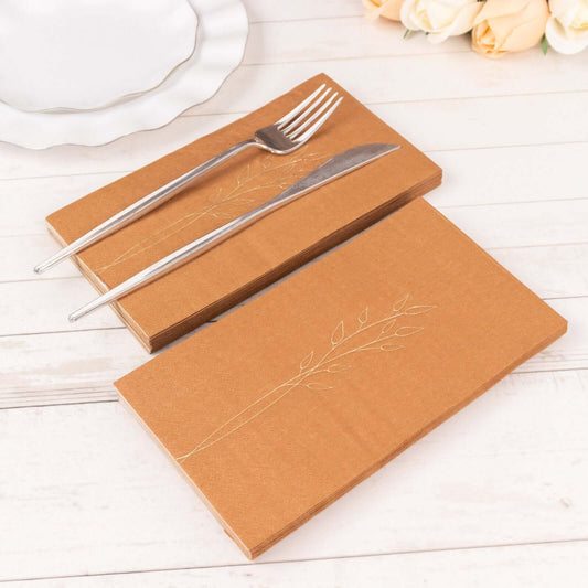 50 - Pack Paper Dinner Napkins Terracotta (Rust) with Gold Embossed Leaf - Stylish 2 - Ply Disposable Napkins for Weddings 18GSM - Bell Racket Store