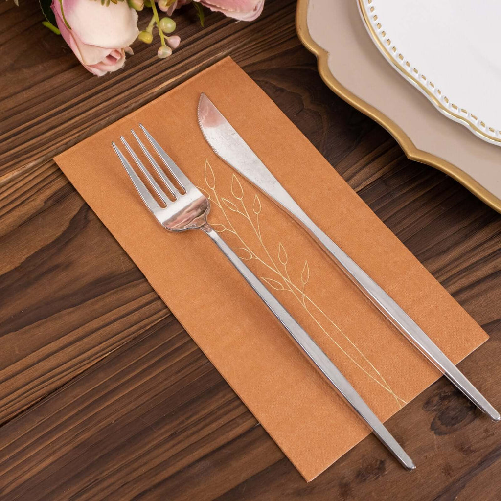 50 - Pack Paper Dinner Napkins Terracotta (Rust) with Gold Embossed Leaf - Stylish 2 - Ply Disposable Napkins for Weddings 18GSM - Bell Racket Store