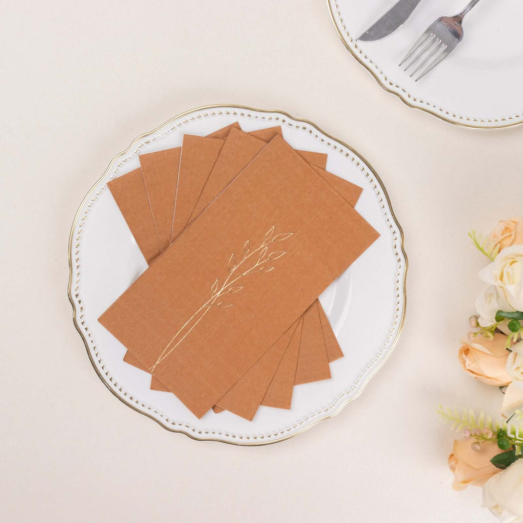 50 - Pack Paper Dinner Napkins Terracotta (Rust) with Gold Embossed Leaf - Stylish 2 - Ply Disposable Napkins for Weddings 18GSM - Bell Racket Store