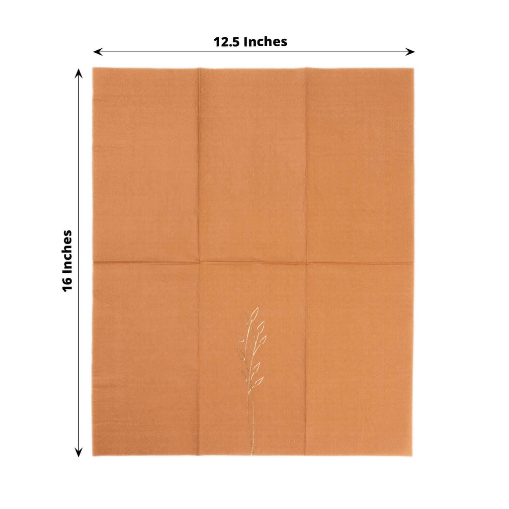 50 - Pack Paper Dinner Napkins Terracotta (Rust) with Gold Embossed Leaf - Stylish 2 - Ply Disposable Napkins for Weddings 18GSM - Bell Racket Store