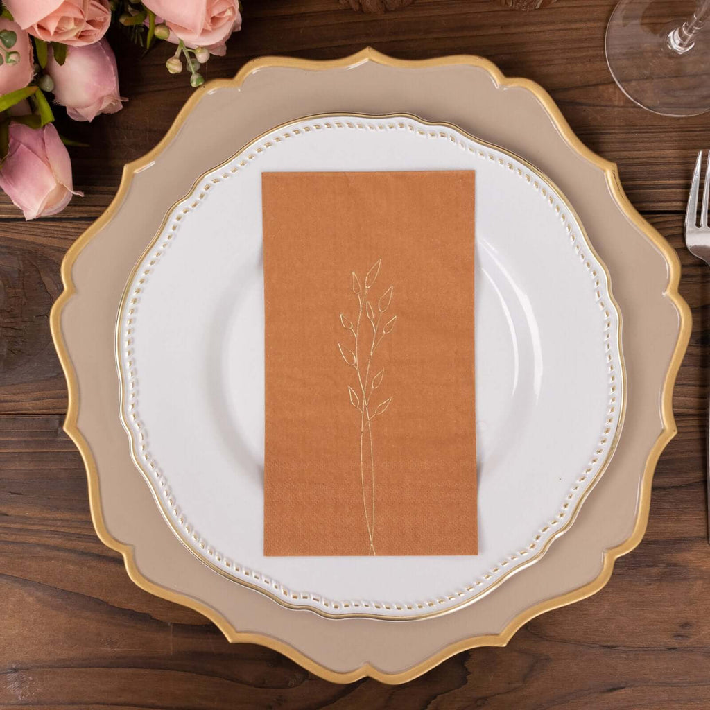 50 - Pack Paper Dinner Napkins Terracotta (Rust) with Gold Embossed Leaf - Stylish 2 - Ply Disposable Napkins for Weddings 18GSM - Bell Racket Store
