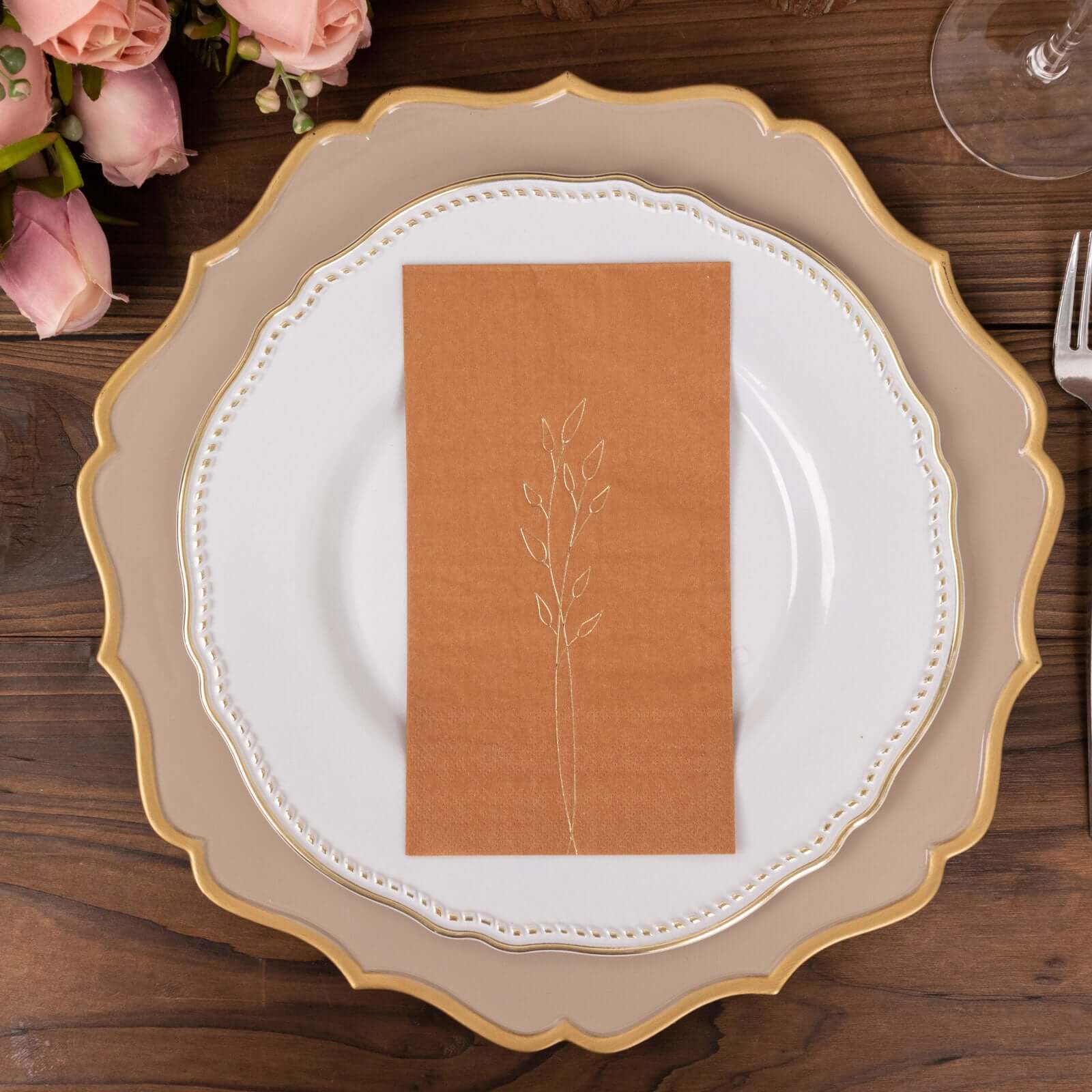 50 - Pack Paper Dinner Napkins Terracotta (Rust) with Gold Embossed Leaf - Stylish 2 - Ply Disposable Napkins for Weddings 18GSM - Bell Racket Store