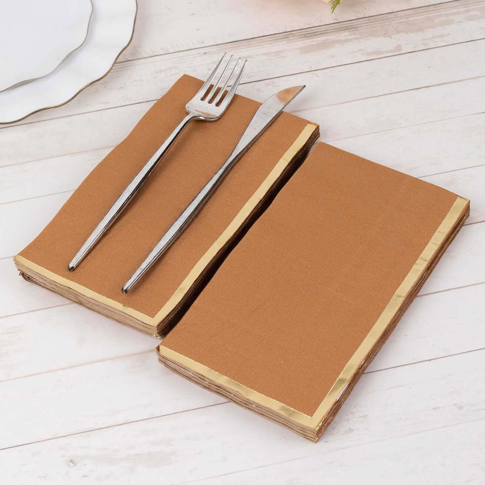 50 - Pack Paper Dinner Napkins Terracotta with Gold Foil Edge 2 Ply - Stylish Disposable Napkins - Bell Racket Store