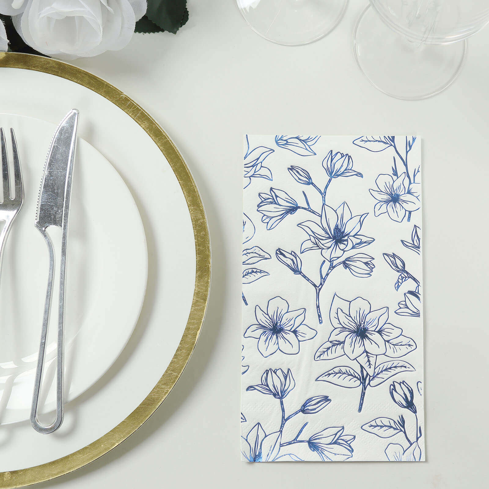 50 - Pack Paper Dinner Napkins White with Blue Magnolia Flowers Print 2 - Ply - Disposable Soft Napkins for Parties - Bell Racket Store