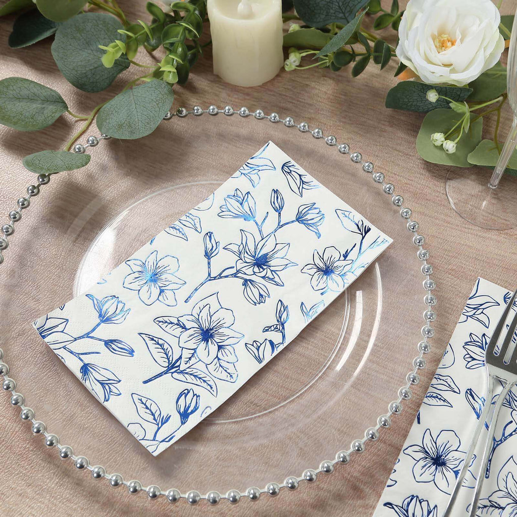 50 - Pack Paper Dinner Napkins White with Blue Magnolia Flowers Print 2 - Ply - Disposable Soft Napkins for Parties - Bell Racket Store
