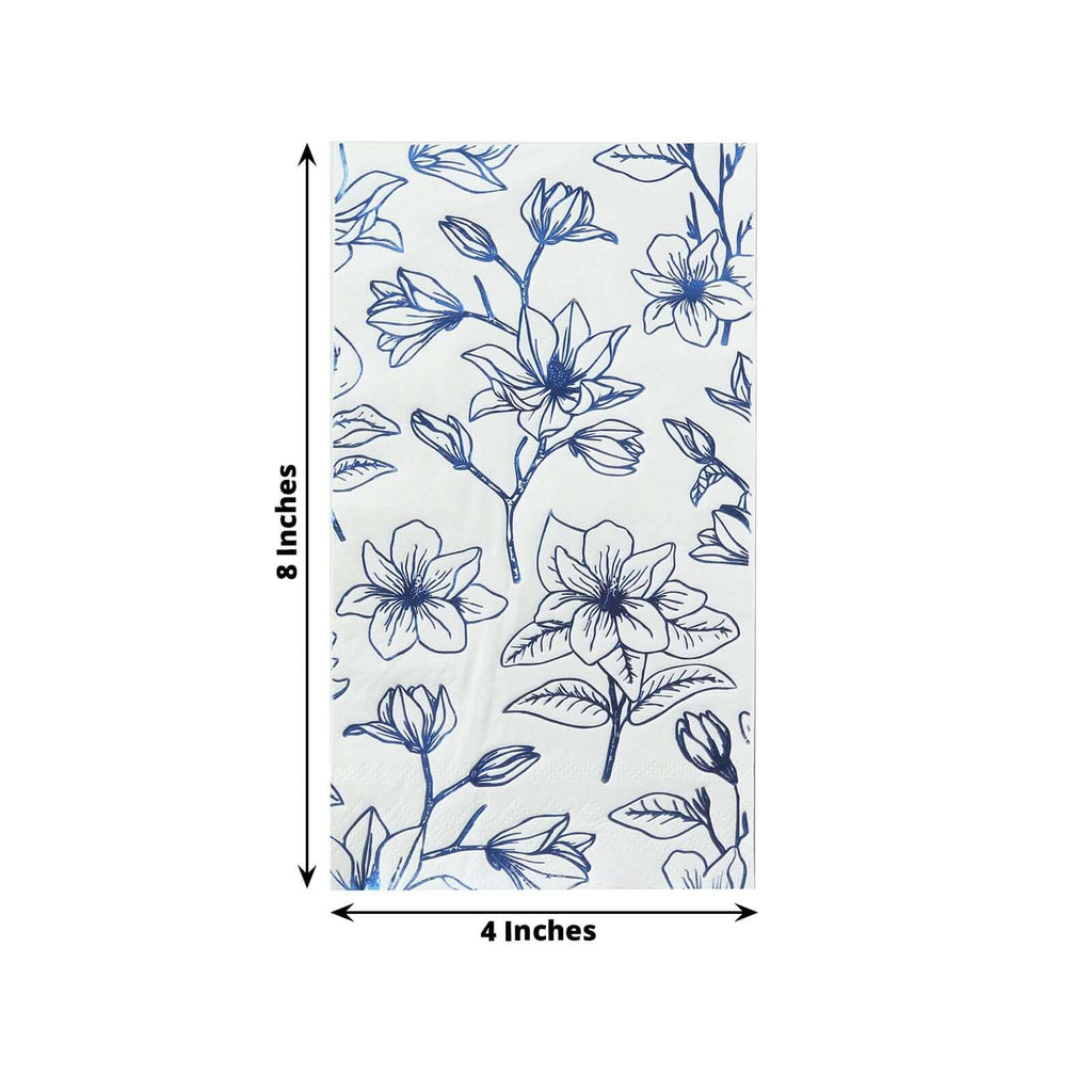 50 - Pack Paper Dinner Napkins White with Blue Magnolia Flowers Print 2 - Ply - Disposable Soft Napkins for Parties - Bell Racket Store