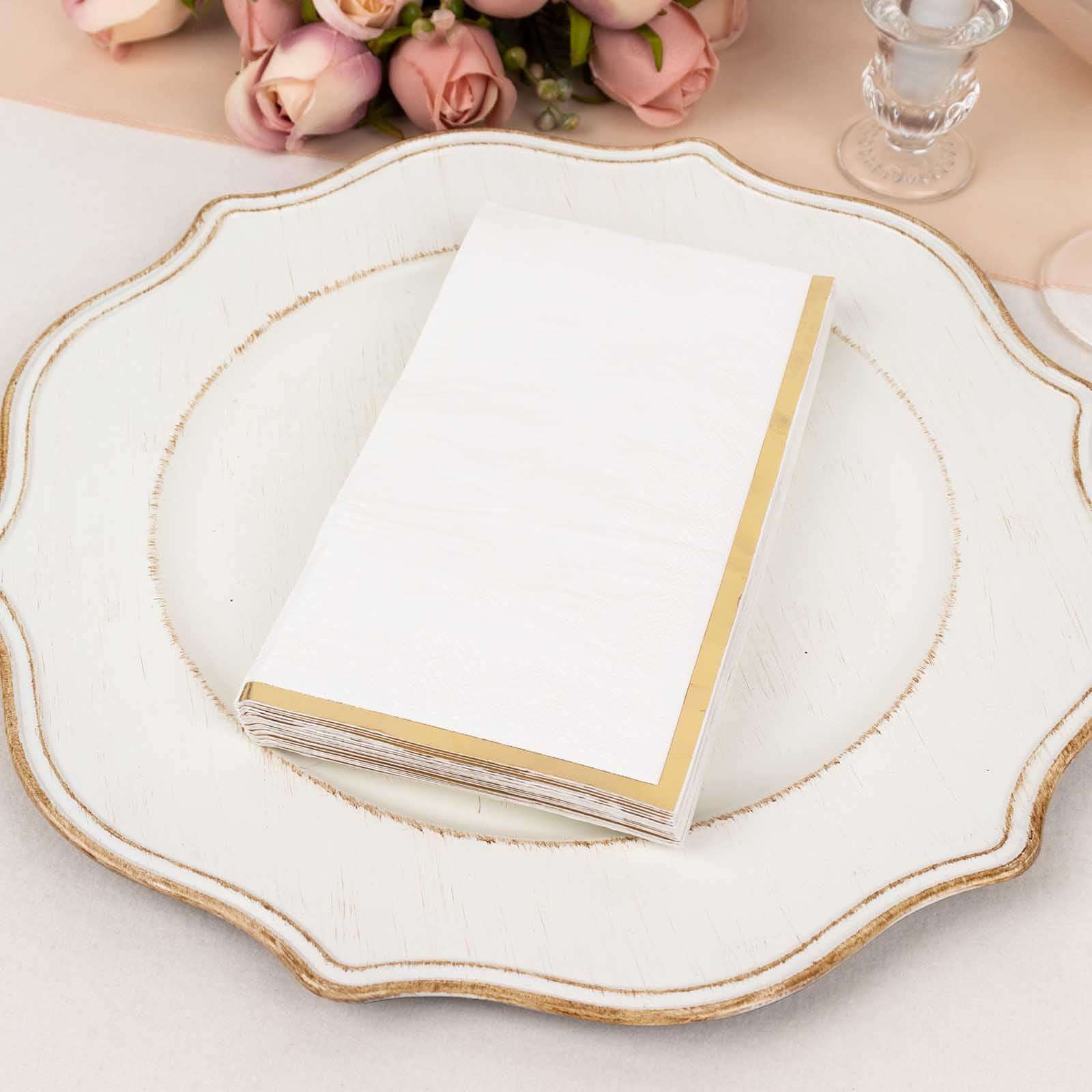 50 - Pack Paper Dinner Napkins White with Gold Foil Edge 2 Ply - Stylish Disposable Napkins for Parties - Bell Racket Store