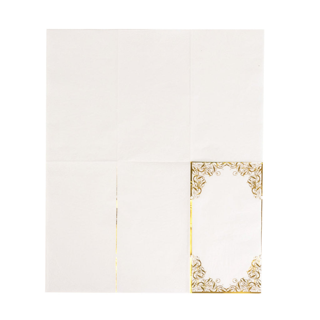 50 - Pack Paper Dinner Napkins White with Gold Foil Lace Design 2 Ply - European Style Napkins for Parties 8"x4" - Bell Racket Store