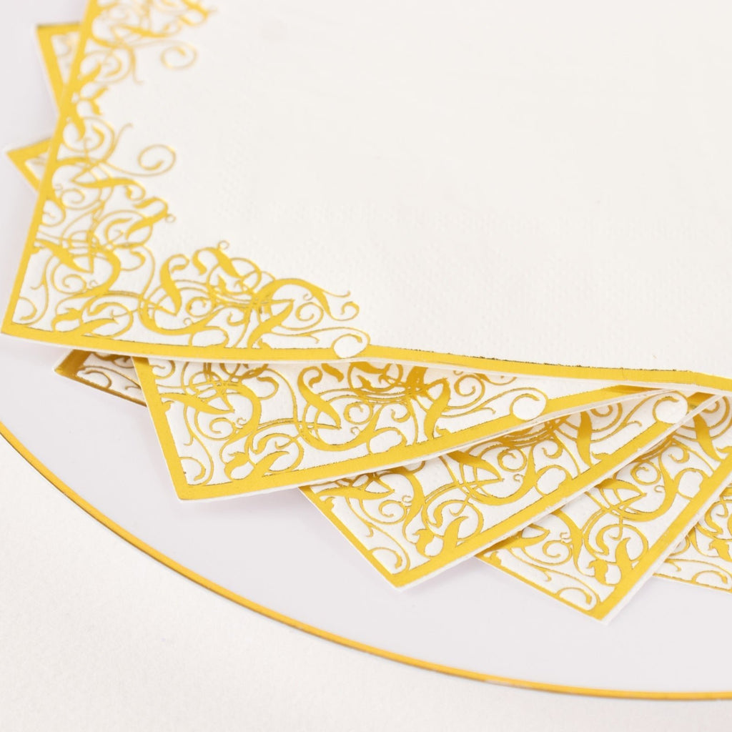 50 - Pack Paper Dinner Napkins White with Gold Foil Lace Design 2 Ply - European Style Napkins for Parties 8"x4" - Bell Racket Store