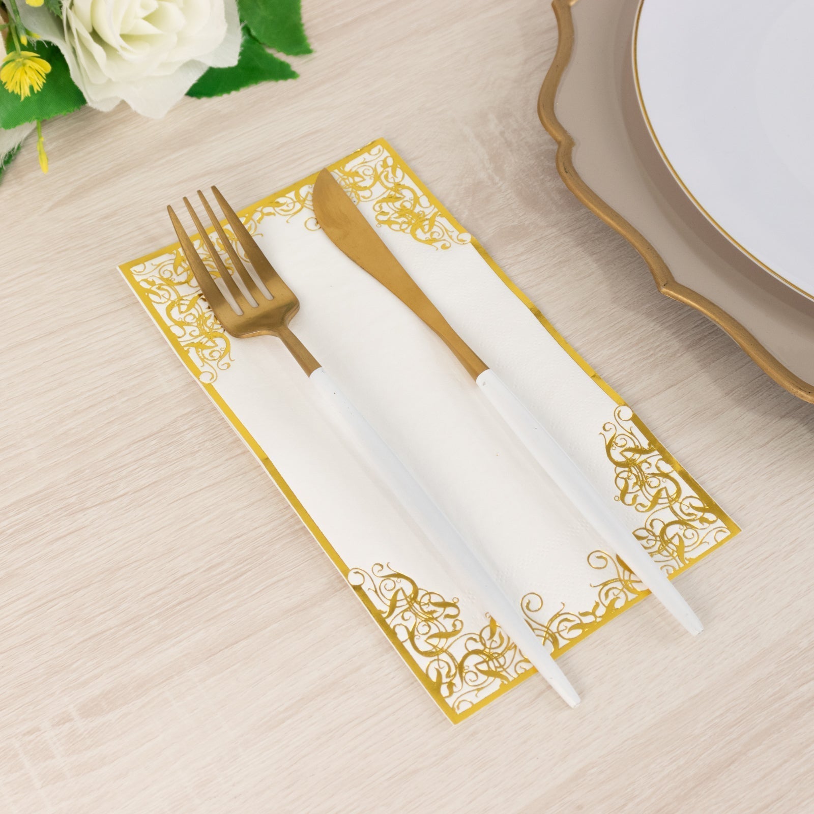 50 - Pack Paper Dinner Napkins White with Gold Foil Lace Design 2 Ply - European Style Napkins for Parties 8"x4" - Bell Racket Store