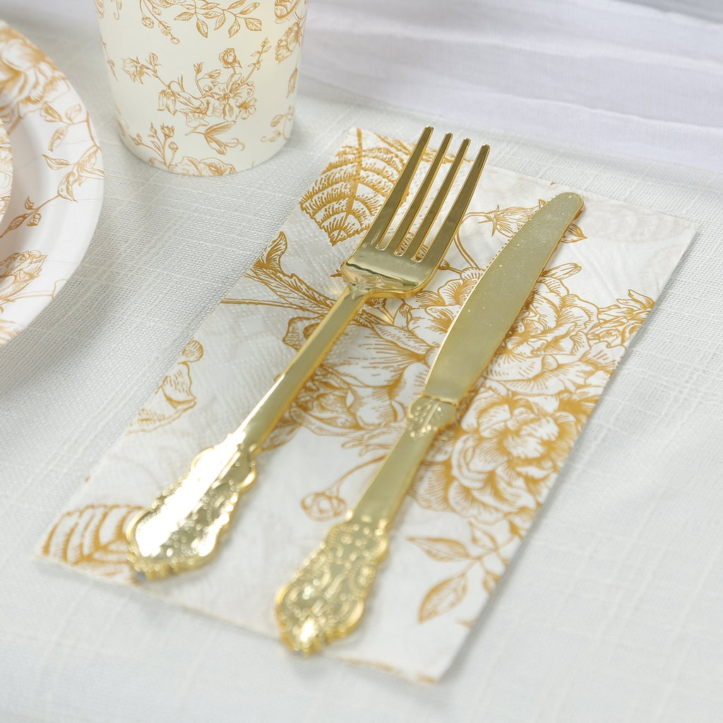 50 - Pack Paper Dinner Napkins White with Gold French Toile Floral Pattern 2 - Ply - Stylish Disposable Napkins for Events - Bell Racket Store