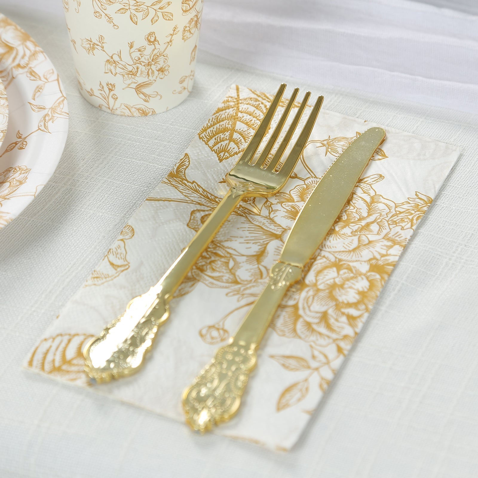 50 - Pack Paper Dinner Napkins White with Gold French Toile Floral Pattern 2 - Ply - Stylish Disposable Napkins for Events - Bell Racket Store