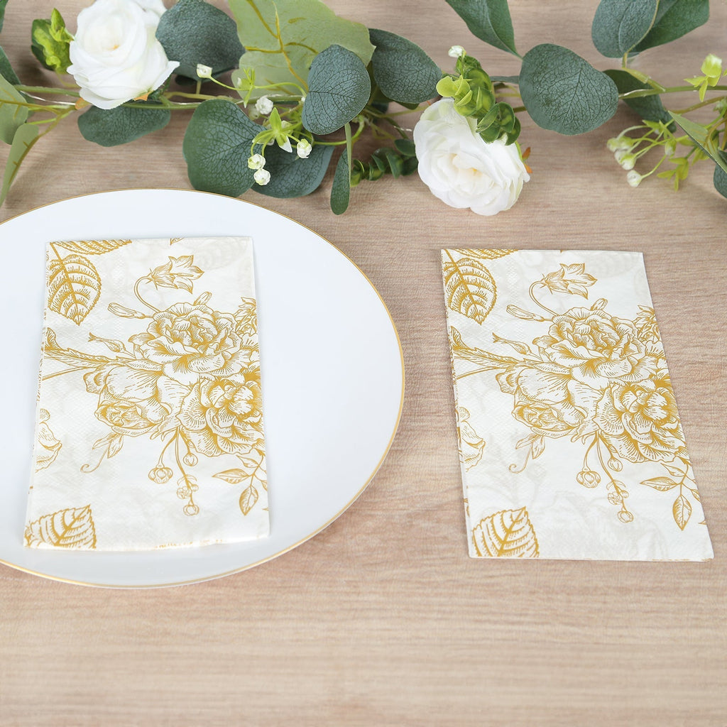 50 - Pack Paper Dinner Napkins White with Gold French Toile Floral Pattern 2 - Ply - Stylish Disposable Napkins for Events - Bell Racket Store