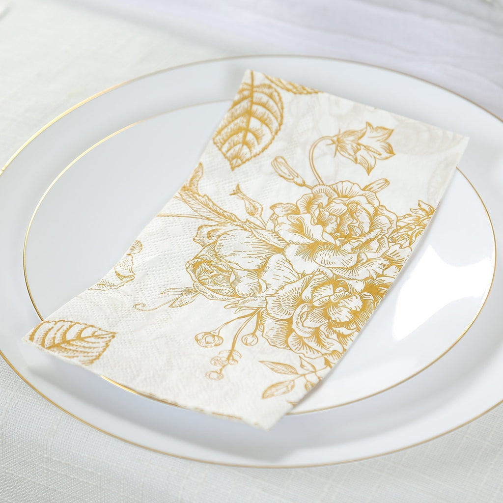 50 - Pack Paper Dinner Napkins White with Gold French Toile Floral Pattern 2 - Ply - Stylish Disposable Napkins for Events - Bell Racket Store