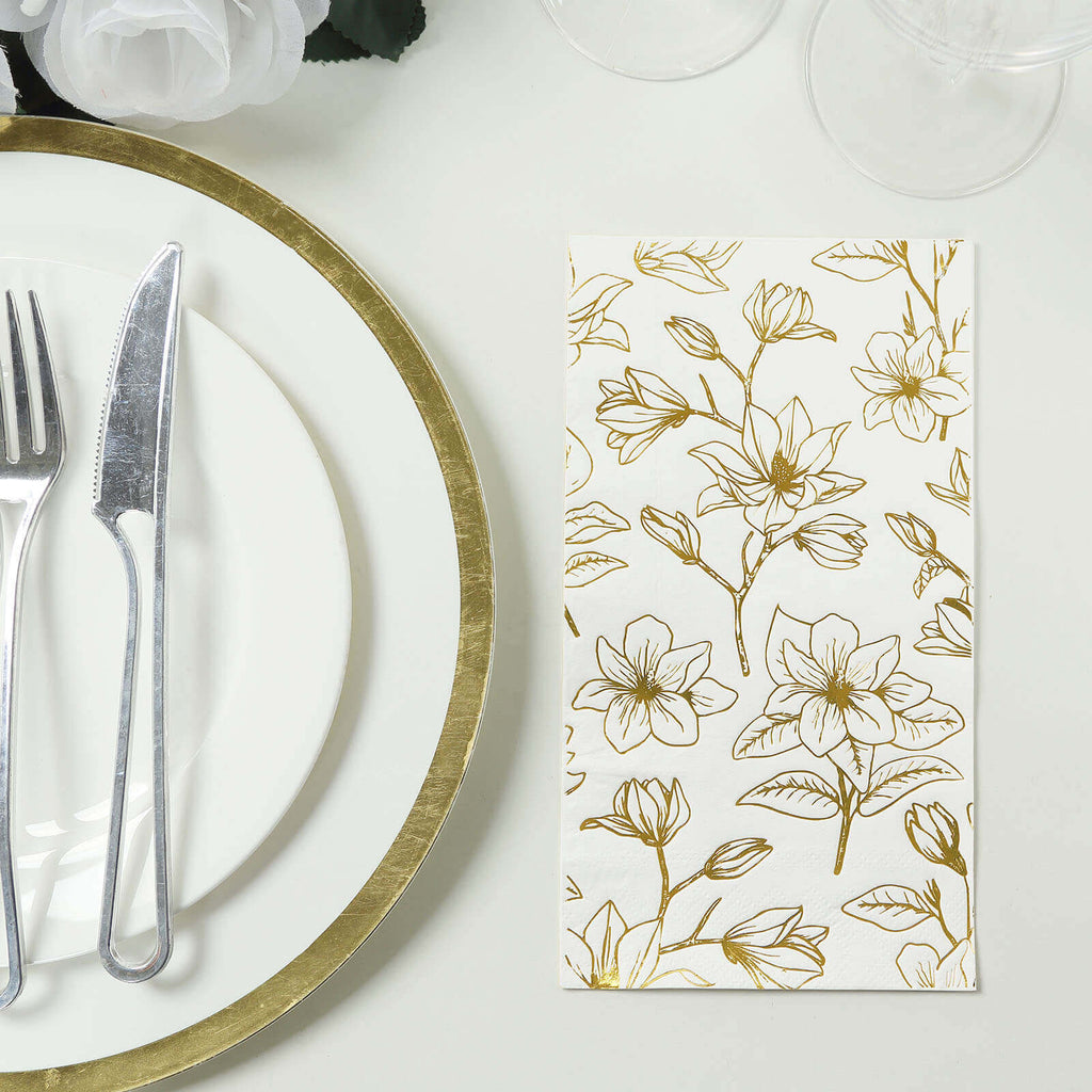 50 - Pack Paper Dinner Napkins White with Gold Magnolia Flowers Print 2 - Ply - Disposable Soft Napkins for Parties - Bell Racket Store
