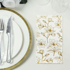 50 - Pack Paper Dinner Napkins White with Gold Magnolia Flowers Print 2 - Ply - Disposable Soft Napkins for Parties - Bell Racket Store