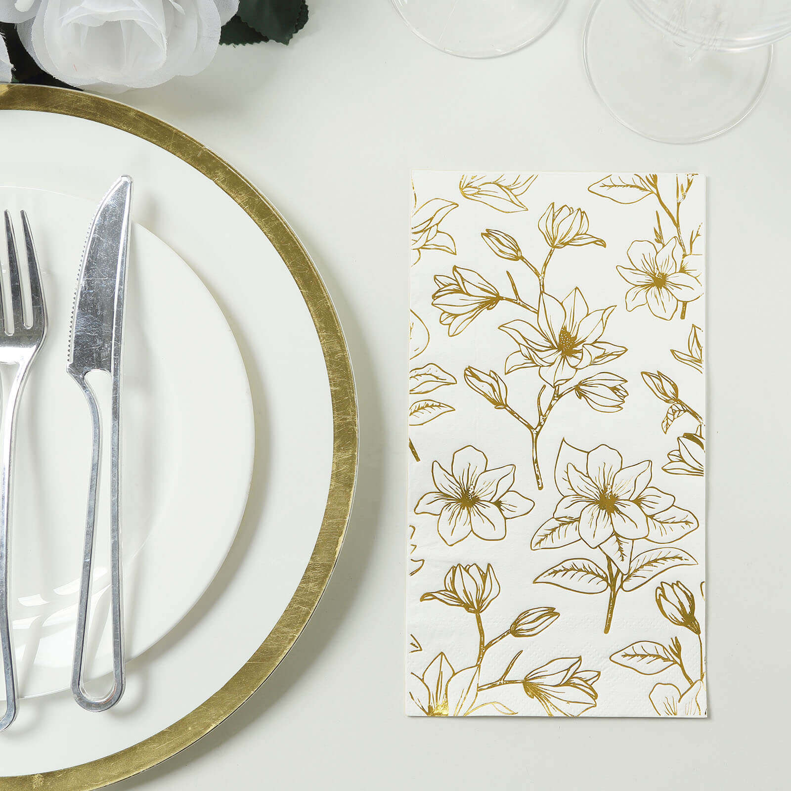 50 - Pack Paper Dinner Napkins White with Gold Magnolia Flowers Print 2 - Ply - Disposable Soft Napkins for Parties - Bell Racket Store