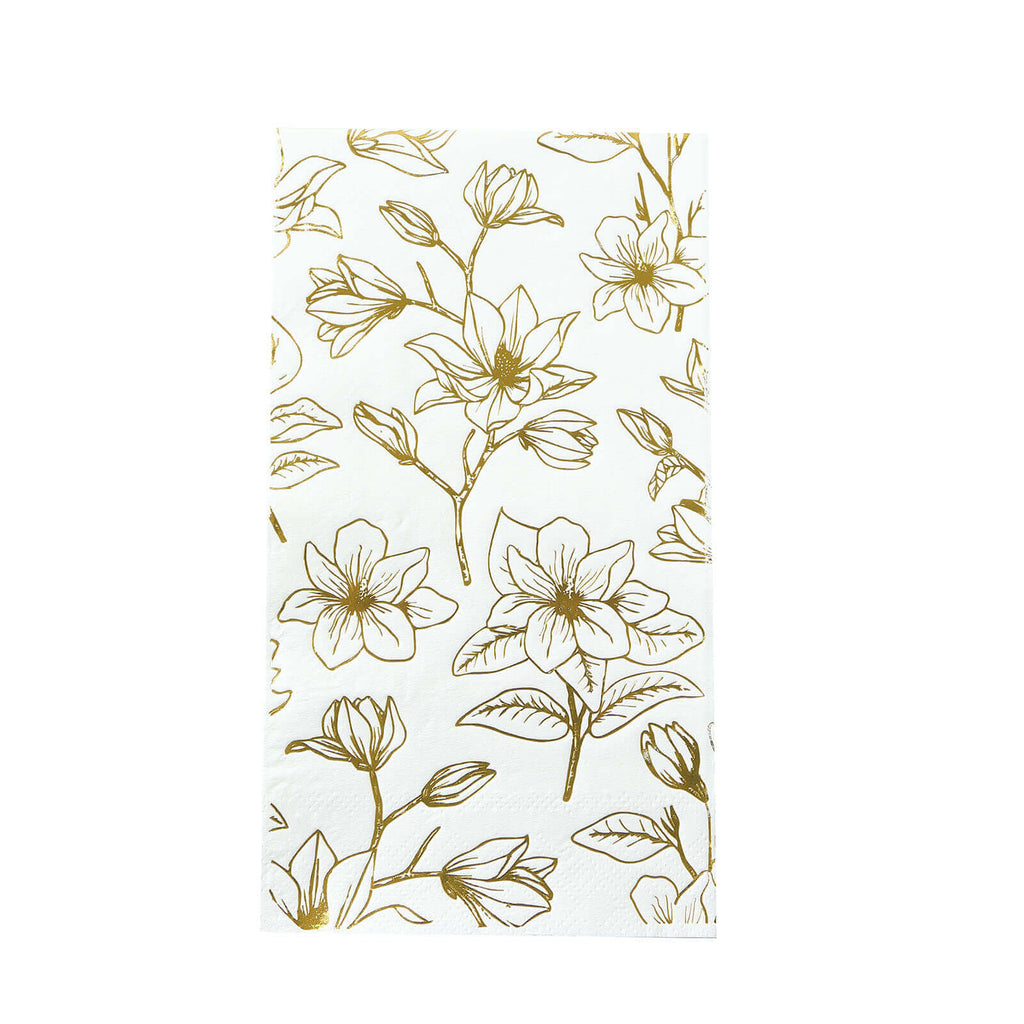 50 - Pack Paper Dinner Napkins White with Gold Magnolia Flowers Print 2 - Ply - Disposable Soft Napkins for Parties - Bell Racket Store