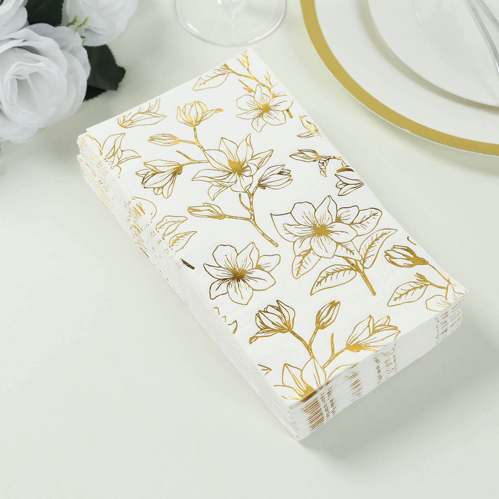 50 - Pack Paper Dinner Napkins White with Gold Magnolia Flowers Print 2 - Ply - Disposable Soft Napkins for Parties - Bell Racket Store