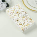 50 - Pack Paper Dinner Napkins White with Gold Magnolia Flowers Print 2 - Ply - Disposable Soft Napkins for Parties - Bell Racket Store