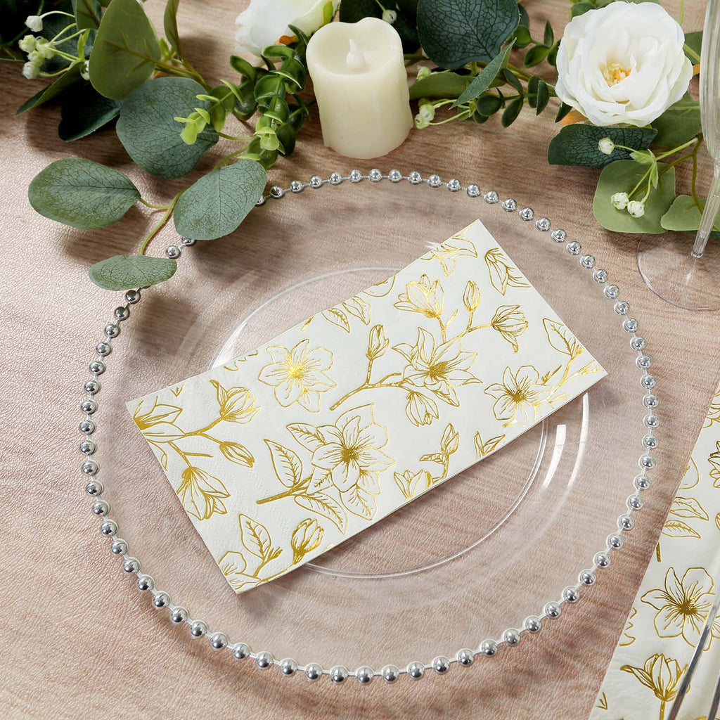 50 - Pack Paper Dinner Napkins White with Gold Magnolia Flowers Print 2 - Ply - Disposable Soft Napkins for Parties - Bell Racket Store