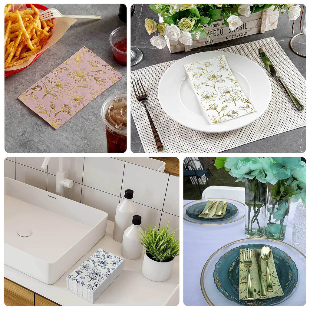 50 - Pack Paper Dinner Napkins White with Gold Magnolia Flowers Print 2 - Ply - Disposable Soft Napkins for Parties - Bell Racket Store