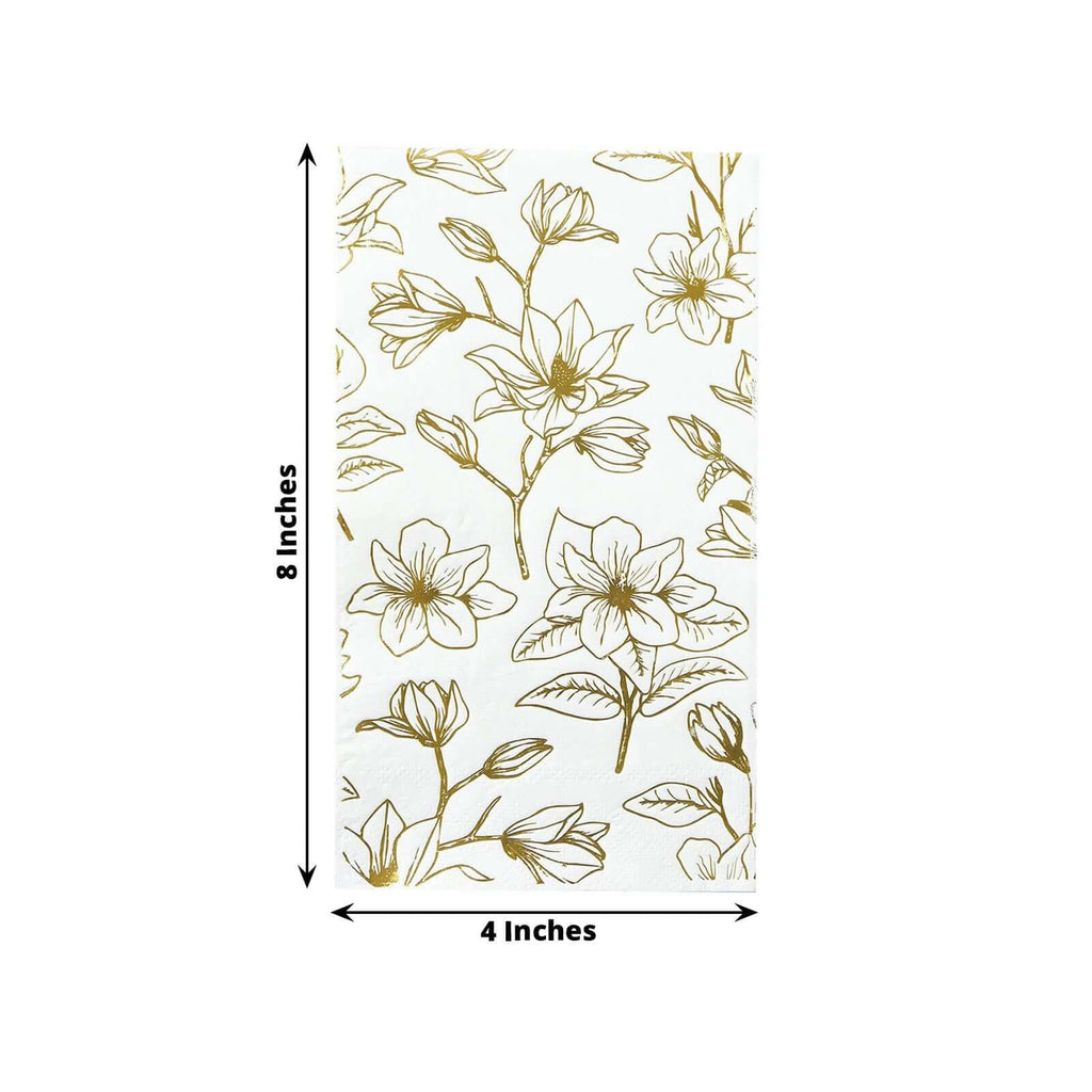 50 - Pack Paper Dinner Napkins White with Gold Magnolia Flowers Print 2 - Ply - Disposable Soft Napkins for Parties - Bell Racket Store