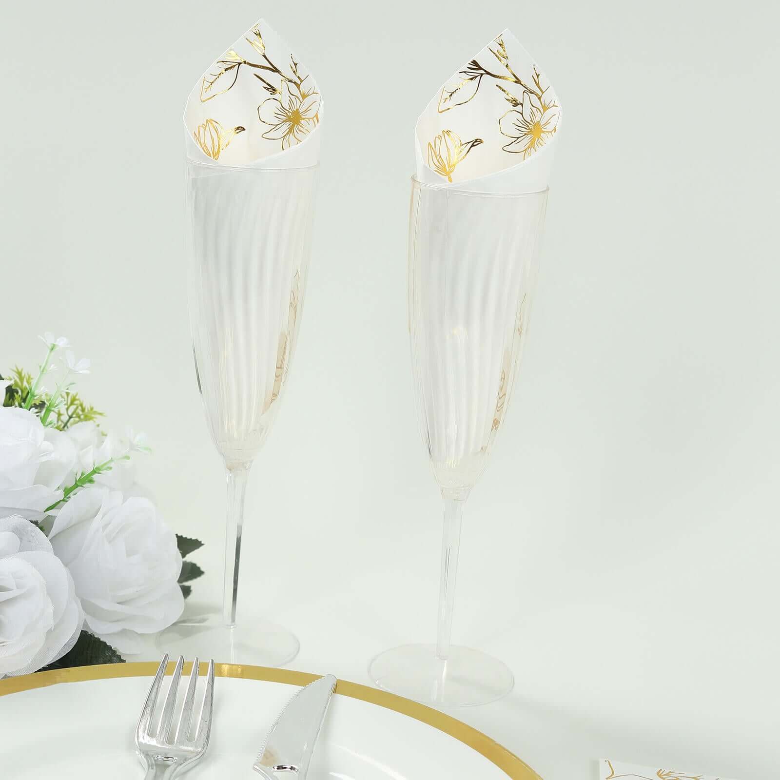 50 - Pack Paper Dinner Napkins White with Gold Magnolia Flowers Print 2 - Ply - Disposable Soft Napkins for Parties - Bell Racket Store