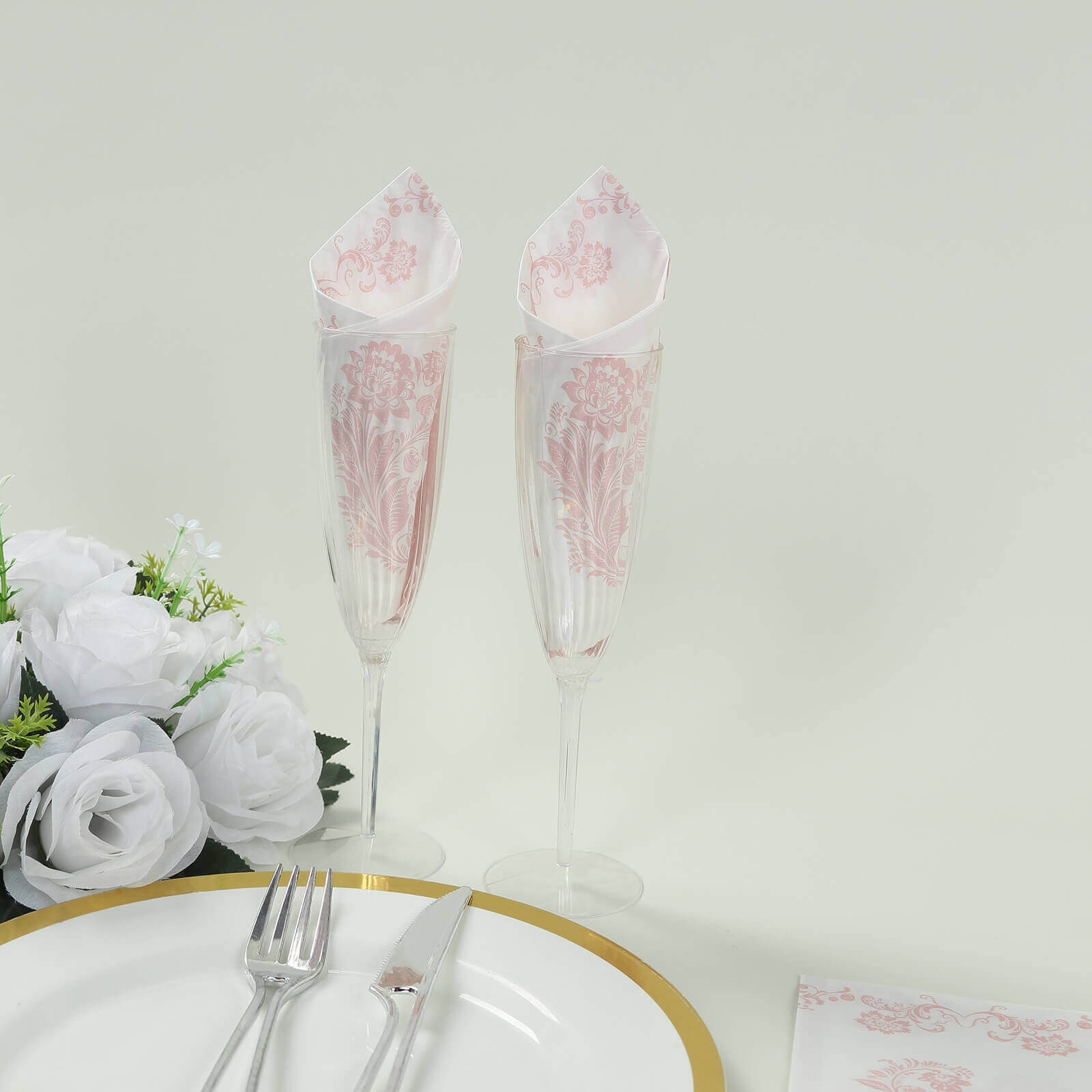 50 - Pack Paper Dinner Napkins White with Pink Damask Floral Pattern 2 - Ply - Stylish Disposable Napkins for Parties - Bell Racket Store