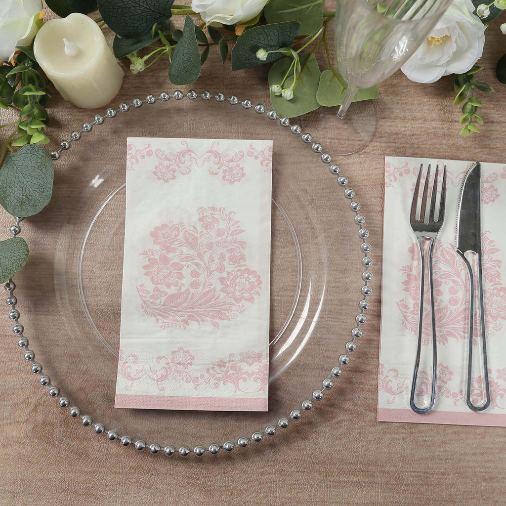 50 - Pack Paper Dinner Napkins White with Pink Damask Floral Pattern 2 - Ply - Stylish Disposable Napkins for Parties - Bell Racket Store