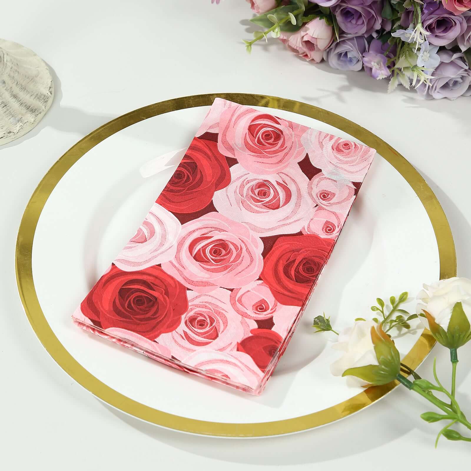 50 - Pack Paper Dinner Napkins with Rose Floral Print Red/Pink 2 Ply - Stylish Boho Napkins for Events - Bell Racket Store