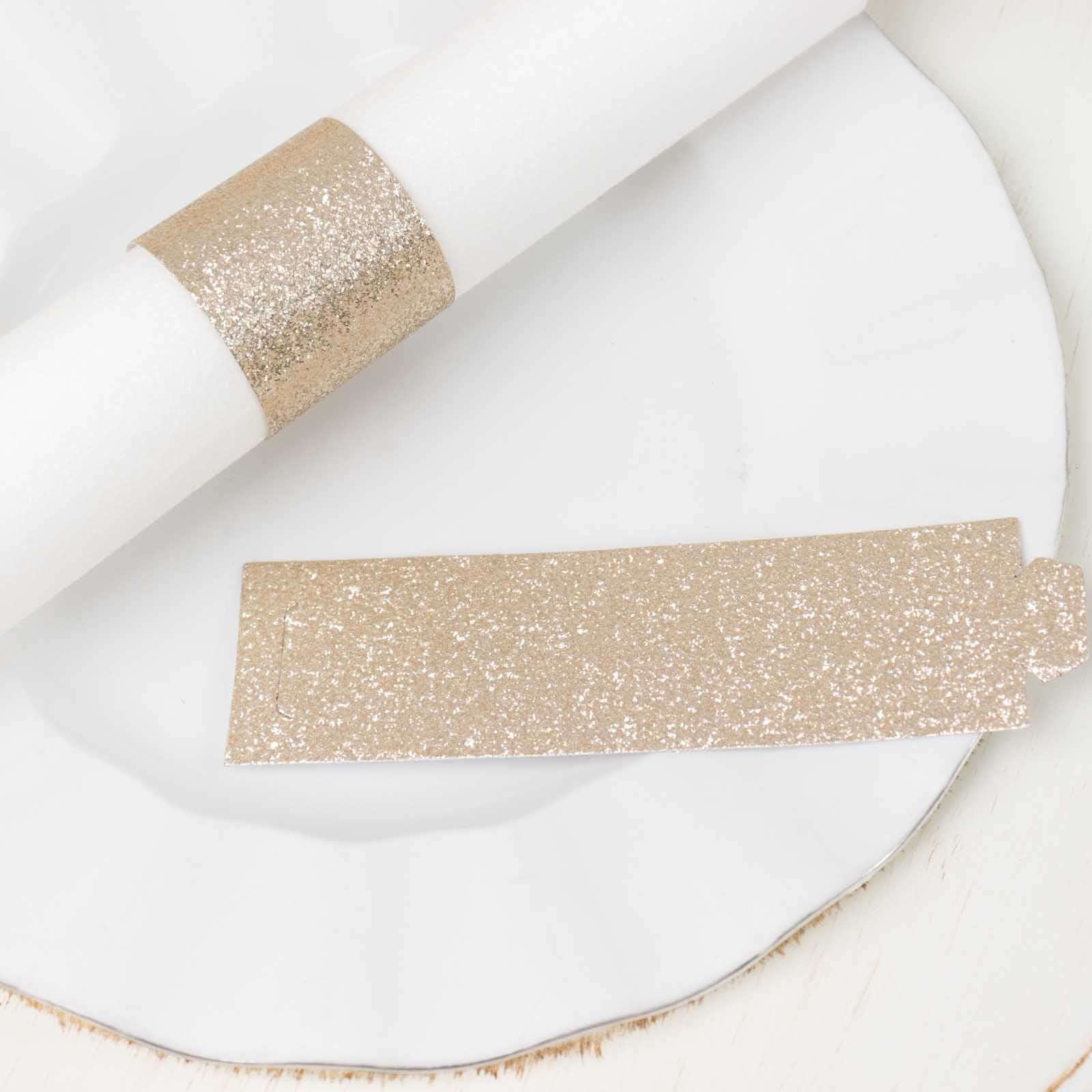 50 - Pack Paper Napkin Rings Beige Glitter - Stylish Disposable Napkin Holders 1.5" - Bell Racket Store