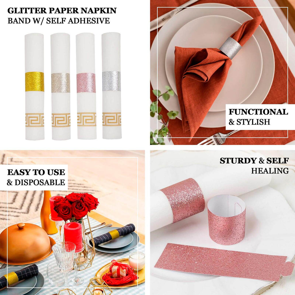 50 - Pack Paper Napkin Rings Gold Glitter - Stylish Disposable Napkin Holders 1.5" - Bell Racket Store