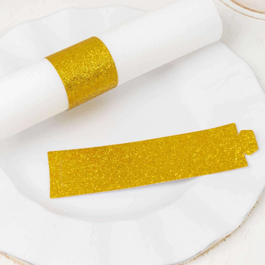 50 - Pack Paper Napkin Rings Gold Glitter - Stylish Disposable Napkin Holders 1.5" - Bell Racket Store